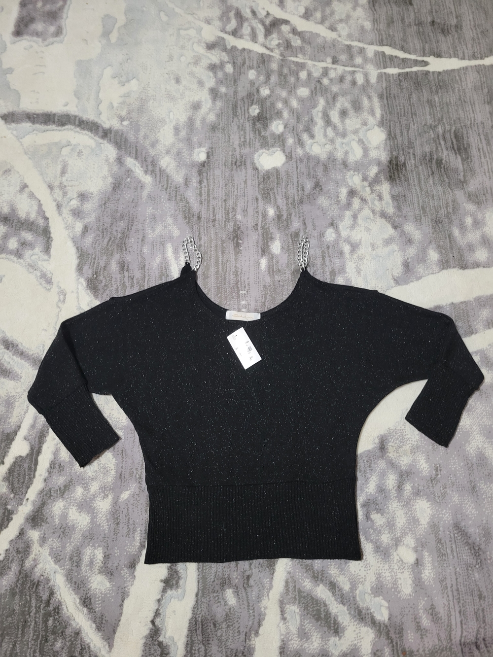 Black Off-the-Shoulder Sparkle Sweater with Chain Straps